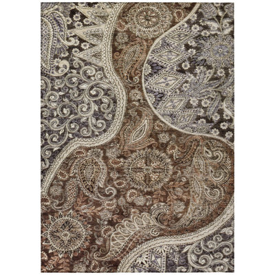 5' X 8' Brown Beige And Tan Floral Medallion Washable Indoor Outdoor Area Rug