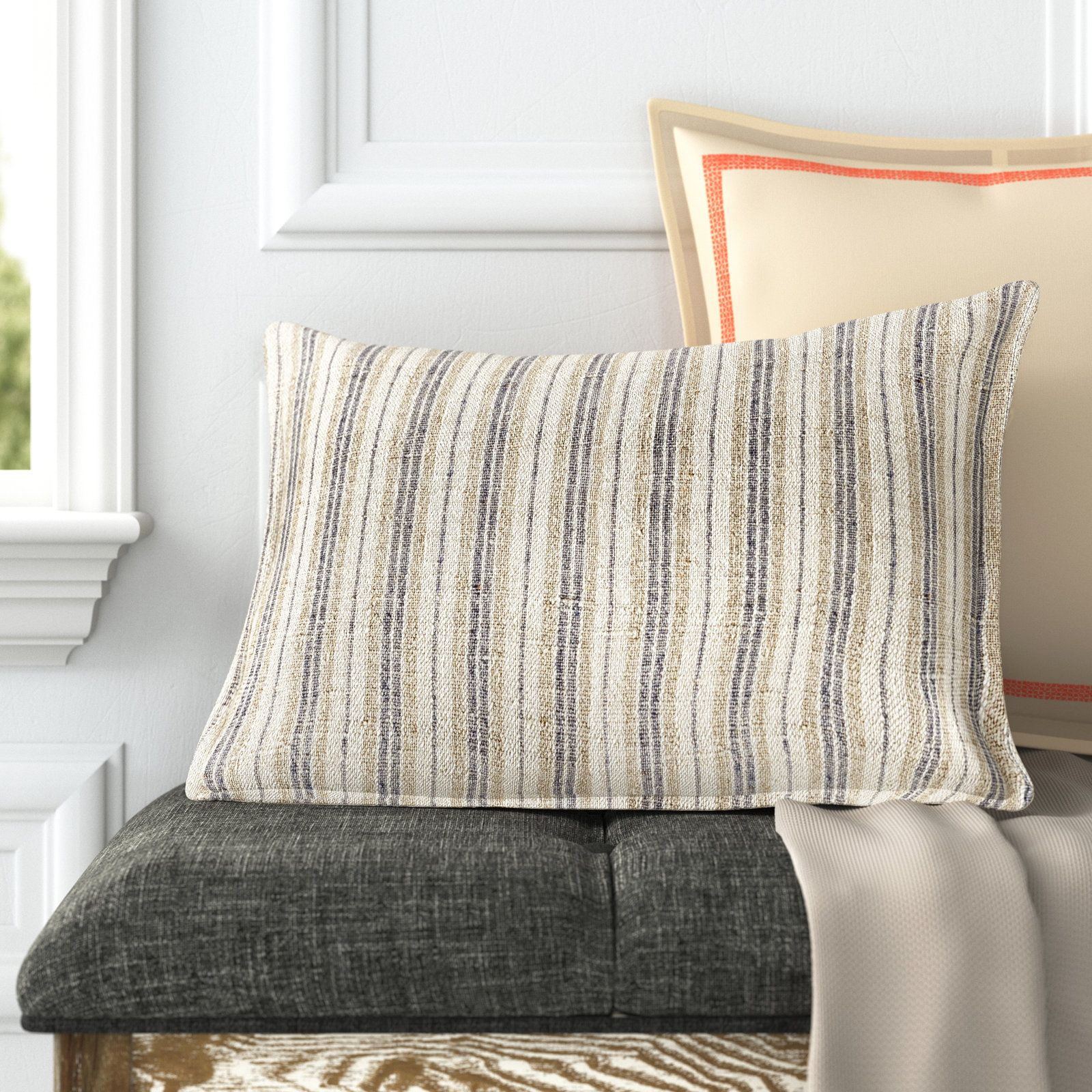 Regent Striped Linen Lumbar Throw Pillow, 100% Poly Fill, Dark Brown, Rectangle 13"H x 21"W