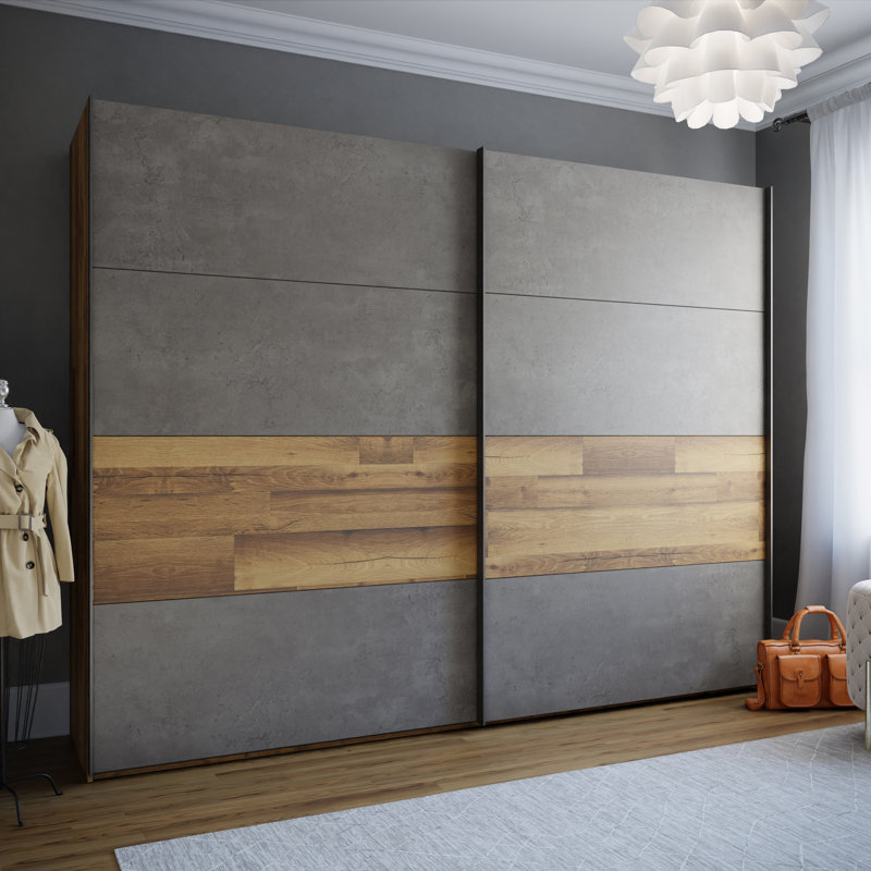 Huguley 2 Door Manufactured Wood Wardrobe, Dark Grey/Oak, 210.5cm H x 269.9cm W x 61.2cm D