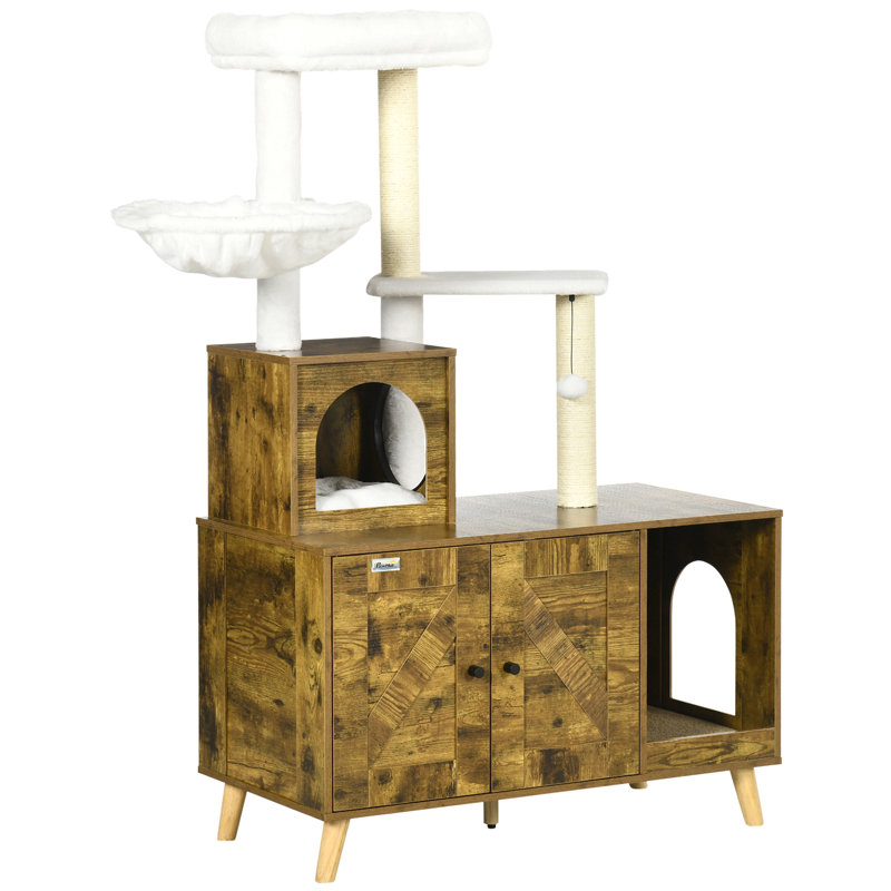 Pawhut Cat Tree With Litter Box Enclosure,  2-In-1 Cat Tower Litter Box Furniture Indoor, Cat Condo With Hammock, Scratching Posts Pad, Rustic Brown
