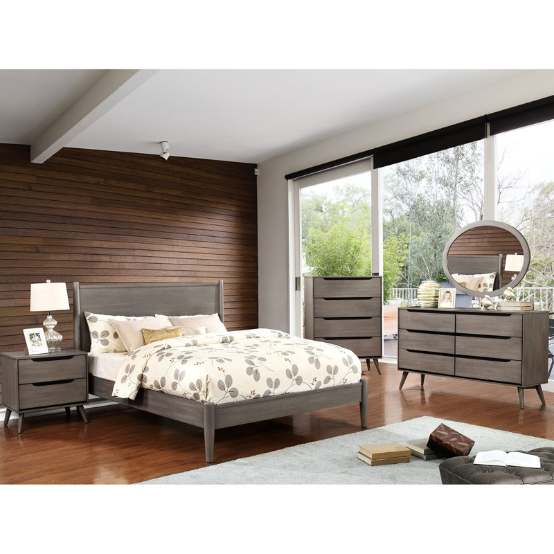 Chambre à coucher avec table de chevet moderne Mid-Century avec 2 tiroirs en bois massif gris