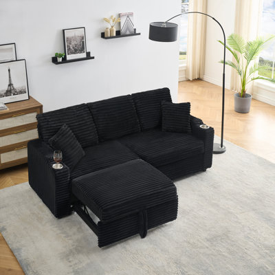 Two-In-One Folding Sofa With Foldable Hidden Lying Function, Corduroy Fabric, Cup Holder And Pillow, Ideal For Living Room Adaptability
