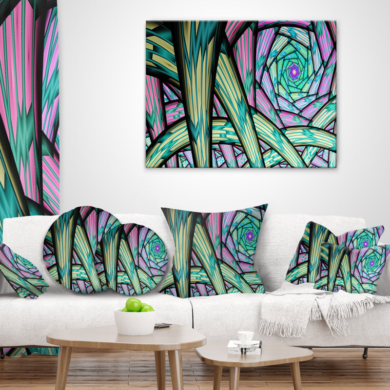 Fractal Endless Tunnel - Coussin imprimé abstrait, 16 po x 1 po, Coussin décoratif, Vert / Noir / Mauve