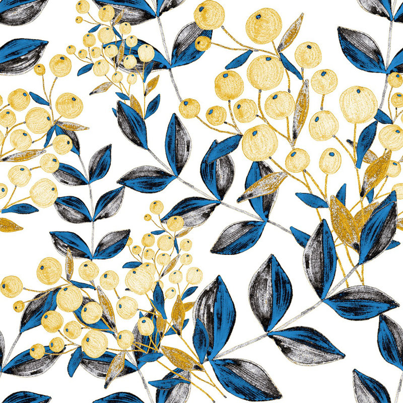 Panneau de papier peint adhésif à feuilles bleues et baies dorées L 18,75 pi x l 25 po