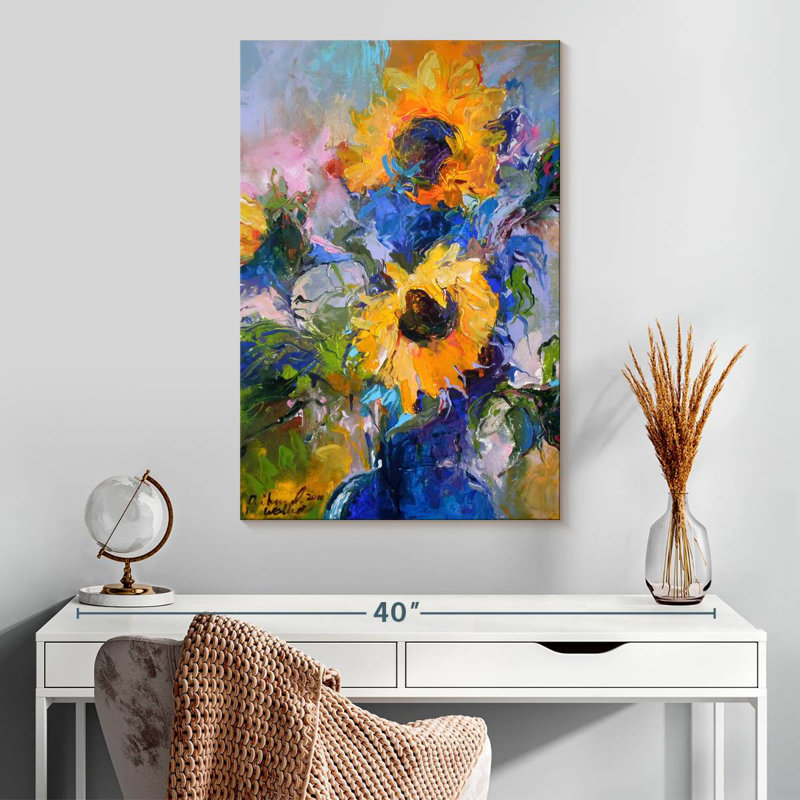 Harnek tournesols dans un vase bleu, H 30 po x l 20 po