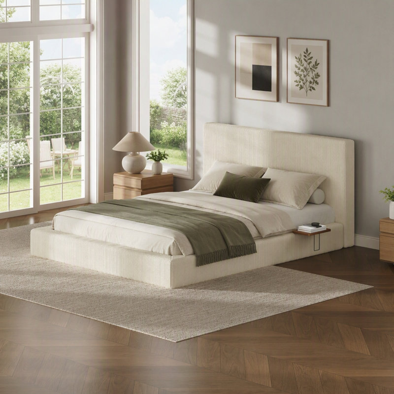 Cloud Upholstered Bed with Sliding Side Table, Queen