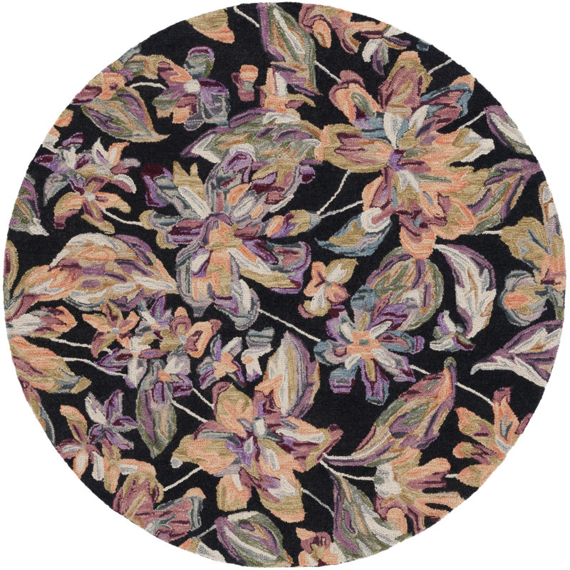 Tapis en laine / coton touffeté à la main noir / prune Kehler, Rond 6 pi
