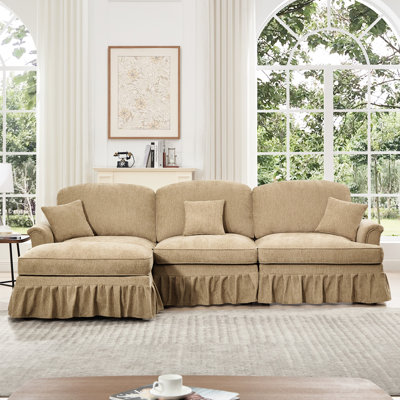 Canapé modulaire à trois places Coffee Chenille avec accoudoirs évasés, jupes plissées à volants et pieds fuselés. Canapé à siège profond confortable et mobile pour diverses configurations Mid Century 3 -