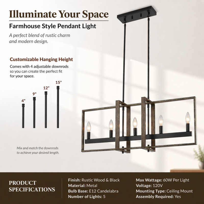 5-Light Open-Frame Linear Island Chandelier