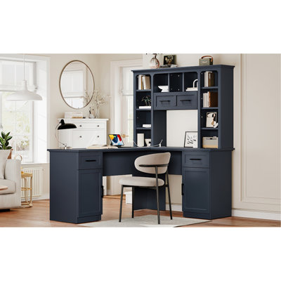 Bureau d'ordinateur en L avec 2 armoires et 2 tiroirs, 11 tablettes ouvertes et 1 tablette à droite rabattable avec rangement, avec prise de courant, pour bureau, salon et bureau, bleu antique