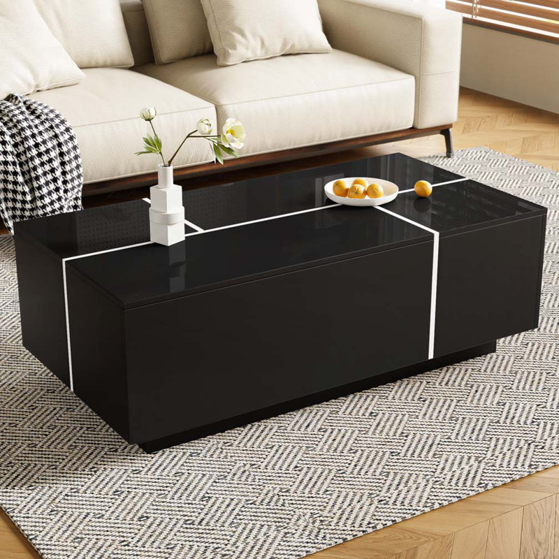 Table basse à plateau extensible ultrabrillant avec 2 espaces de rangement cachés et 2 tiroirs, Noir