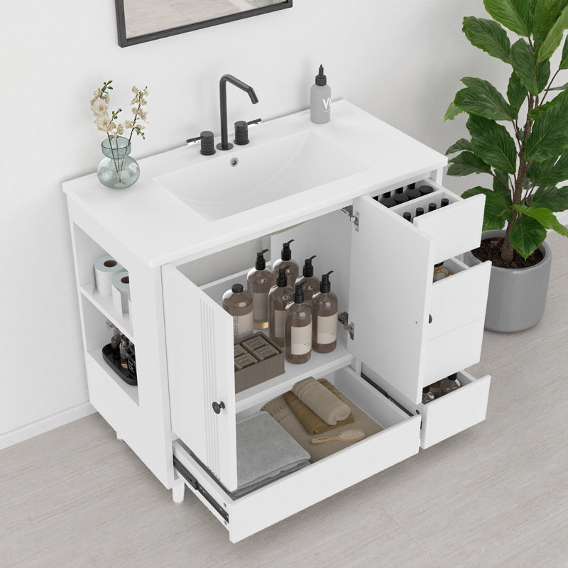 Meuble-lavabo autoportant gris 36 po avec lavabo en céramique, 4 tiroirs et support de rangement latéral, Blanc clair