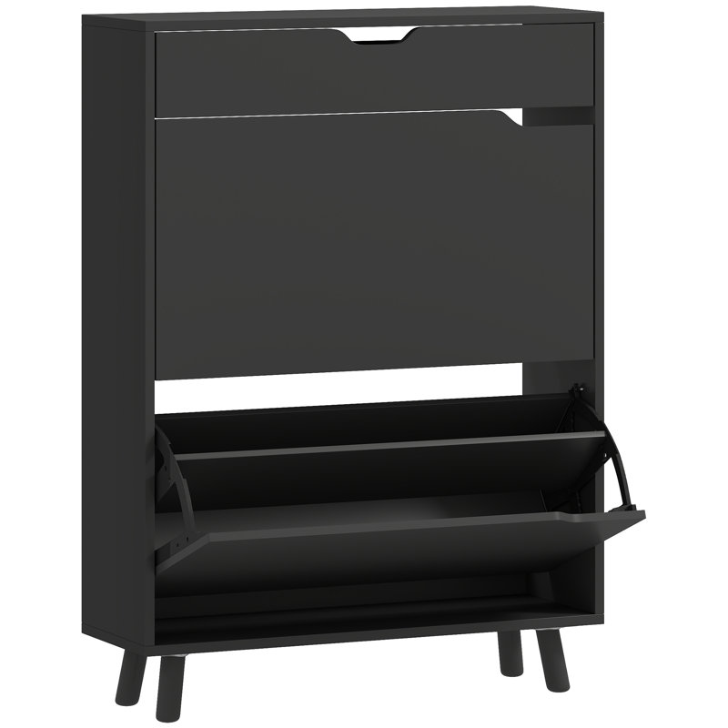 Armoire à chaussures étroite avec 2 tiroirs rabattables, noir, Noir