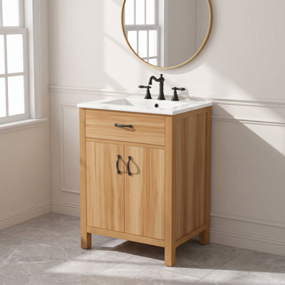 Meuble-lavabo simple Alden 24 po, fini chêne chaud, comptoir en céramique blanche, portes de style Shaker et rangement à fermeture amortie