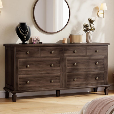 Vintage 8 Drawer Dresser with Tapered Legs, White Wood Finish