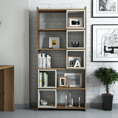 Modern Walnut & Cream Bookshelf, 31.5 x 67.0 x 8.7 inches | 100% Melamine Coated Particle Board, Thickness: 0.7 inches | Numerous Shelves, Wall-Mountable, Stylish Design for Home or Office Storage, Contemporary Appeal