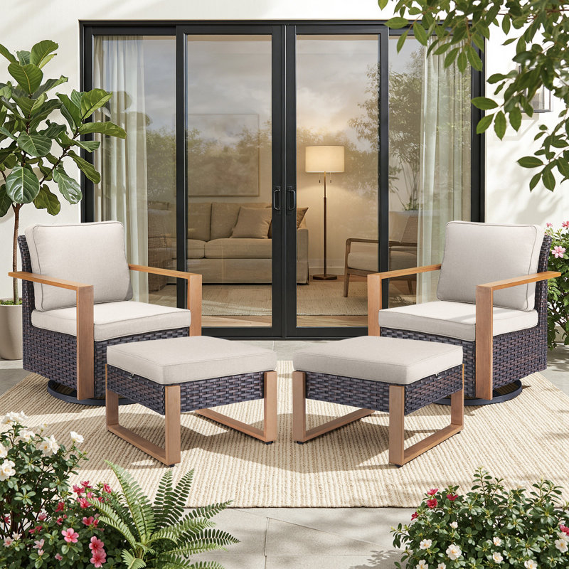 Ensemble de conversation d'extérieur 4 pièces avec chaises berçantes et repose-pieds en osier Twellwell, Beige, Brun