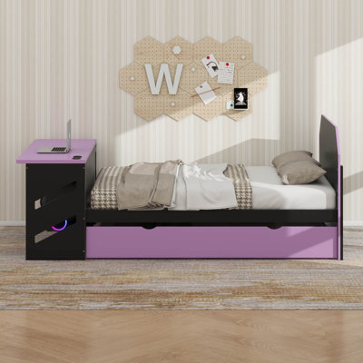 Lit de jour moderne en bois pleine grandeur avec lit gigogne simple, bureau et port USB, structure de canapé-lit plateforme élégante inspirée du jeu vidéo