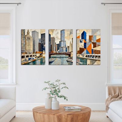 Chicago Cityscape Abstract Canvas Wrapped Wall Art, Oil Painting Print (Set of 3)