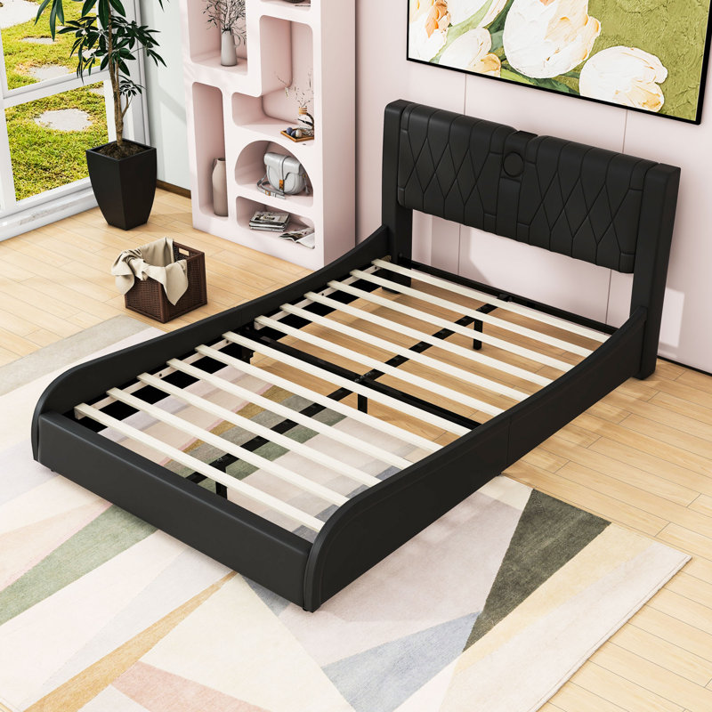 Upholstered Platform Bed with Built-in Bluetooth Speakers and RGB LED Light, Black, Full