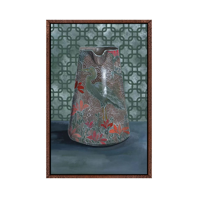 Heron Vase by Miri Eshet - Painting on Canvas, 66.04 cm H x 45.72 cm W, Classic Brown Wood Framed