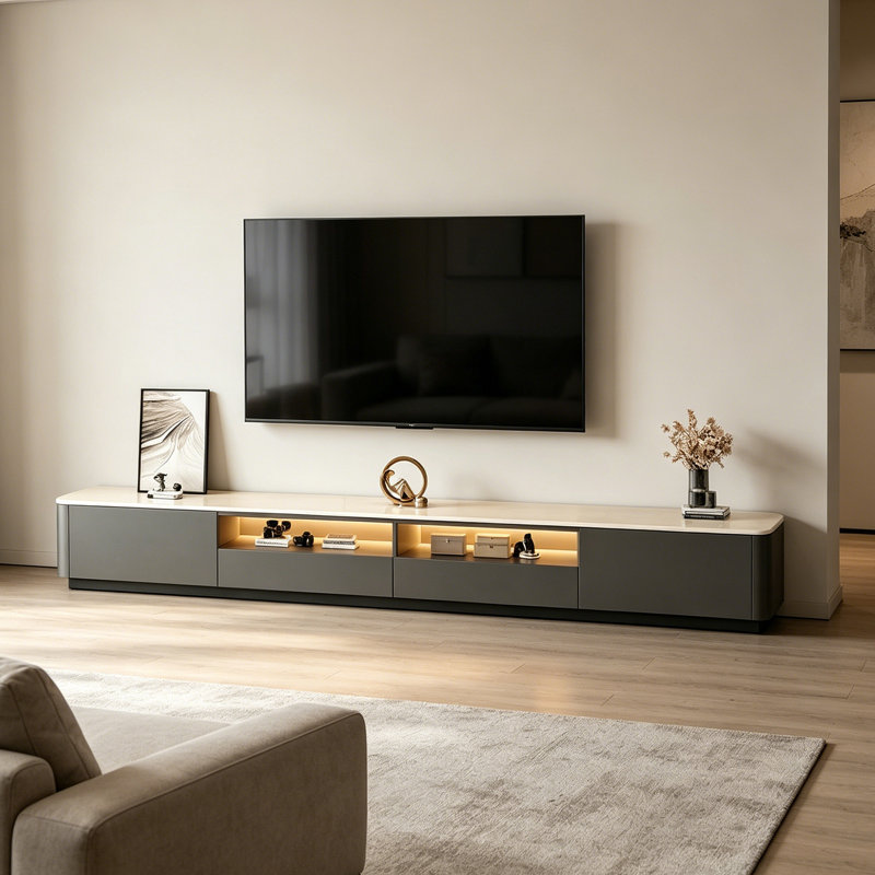Meuble télé Minimalist, Gris / Blanc, H 13,38 po x L 94,48 po x l 11,81 po