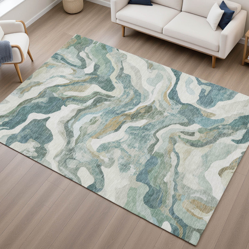 Tapis moderne lavable à la machine de qualité supérieure Mayfield AMF2162, Sarcelle, Rectangle 5 pi x 7 pi 6 po