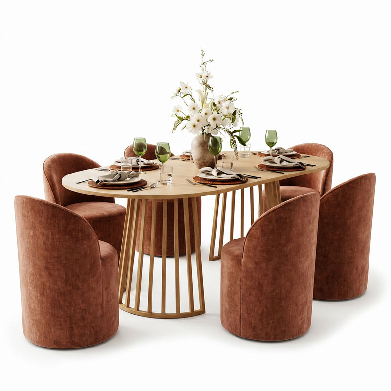 6 - Person Dining Table Sets With Extendabe Oval Table & 6 Upholstered Chenille Rolling Chairs, Terra
