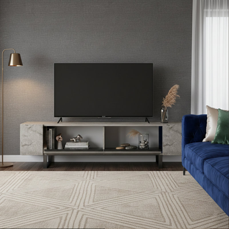 Metal Sled Base Legs Unique TV Stand For Tvs Up To 78'' With Reflective Stripe, Travertine/Silver
