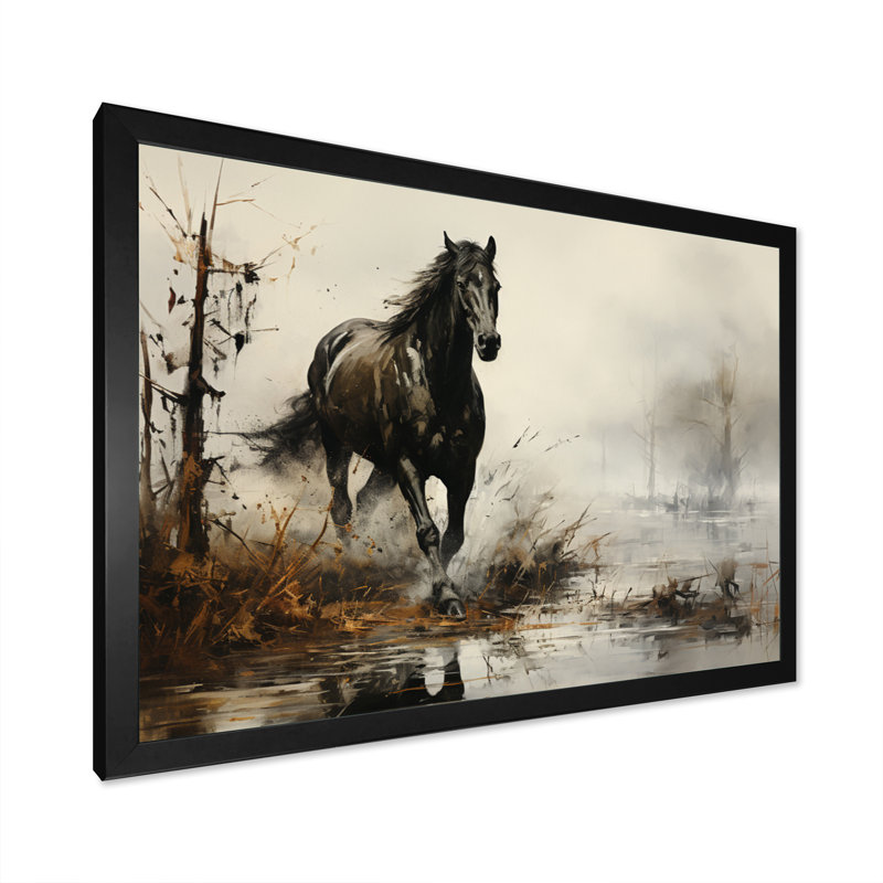 «Grey Horse Misty Morning Canter II», art mural cheval, H 16 po x l 32 po x P 1 po, Cadre simple noir