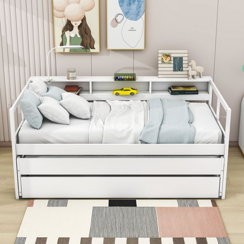Ajara Twin XL Wooden Daybed with Two Twin Size Trundles and Three Shelves, White