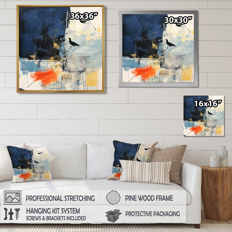 Deux oiseaux dans des tons de bleu - impression abstraite de paysage mural, H 16 po x l 16 po, Cadre flottant noir