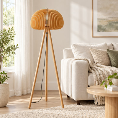 Lampe trépied 55,1 "en bois massif avec abat-jour dôme en lattes de bois, 3 lumières de couleur
