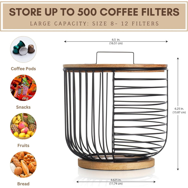 Porte-filtre à café pour comptoir avec couvercle en bois Basket Panier de rangement rond en fil de café noir pour l'organisation du comptoir de cuisine Accessories Accessoires de bar à café