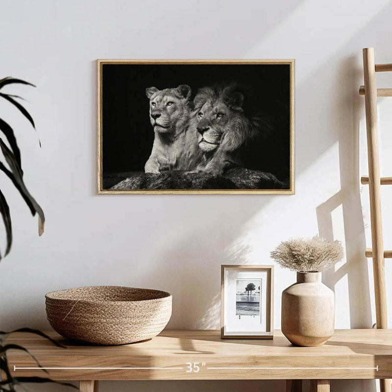 Lion And Lioness Mates, 19" X 13", Floating Frame Natural Wood