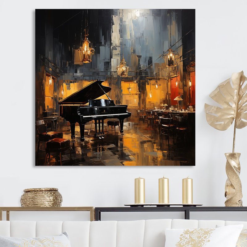 Jaune et gris, piano à queue Jazz café II - musique, impressions sur toile, Toile tendue, 30" H x 30" W
