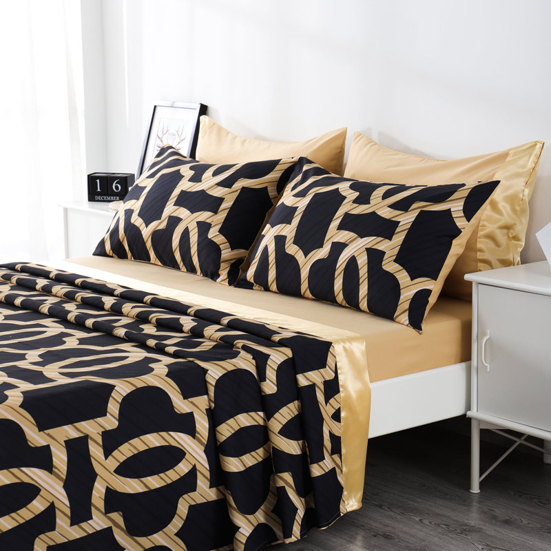 Ensemble de draps 6 pièces Polycotton, Courtepointe pour grand lit + 5 pièces supplémen, Or noir