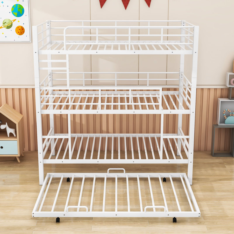 Metal Twin Triple Bunk Bed With Trundle, White