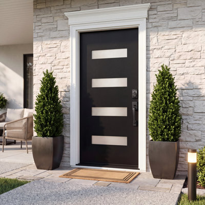Contemporary Prehung Fiberglass Front Door with 4-Lite Low-E Frosted Glass, PVC Frame, Exterior Entry Door