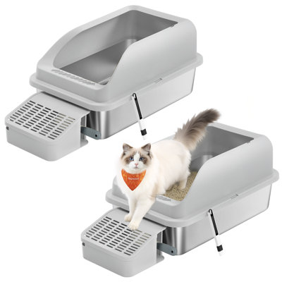 2 Pack Stainless Steel Cat Litter Boxes With Open Top, High Sided Litter Trays With Step, Scoop, Brush, For Cats Up To 33 Lb