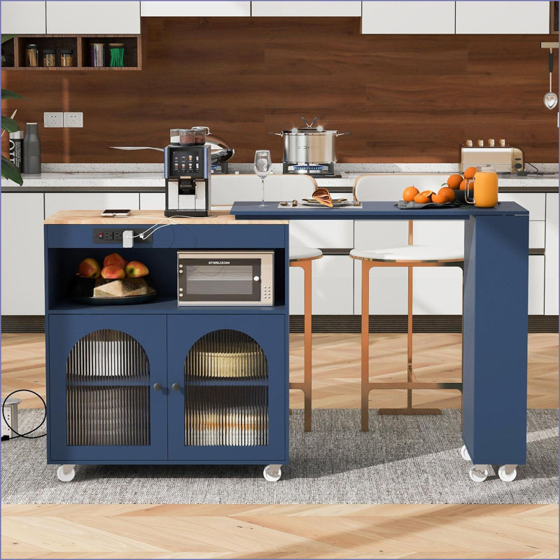 Îlot de cuisine sur roulettes avec table allongée, chariot roulant bleu marine avec lumières DEL, prises de courant et amp; Rangement | Moderne | Panneau de fibres à densité moyenne