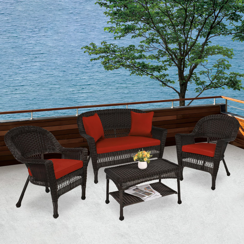 Cecilton 4 Piece Rattan Sofa Seating Group , Espresso, Red