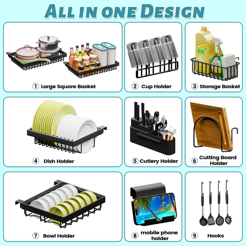 Over The Sink Dish Drying Rack (Expandable Height and Length) Snap-On Design 2 Tier Large Dish Rack (27-36L x 12W x 32.5-37H (inches))