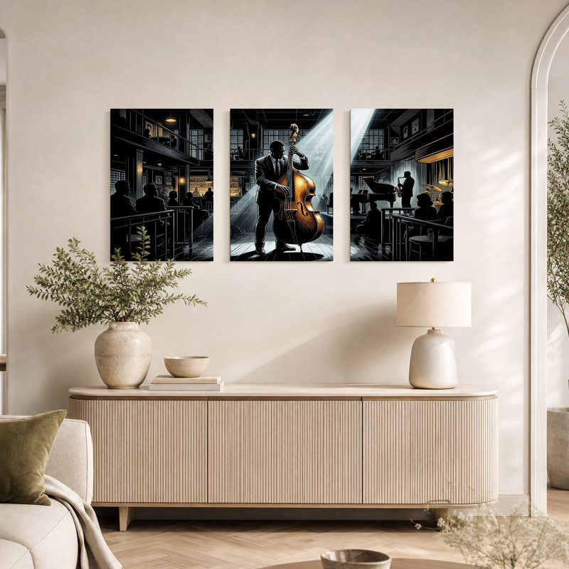 Ensemble de 3 reproductions d'art sur toile Jazz Bass, H 18 po x l 12 po x 3 pièces