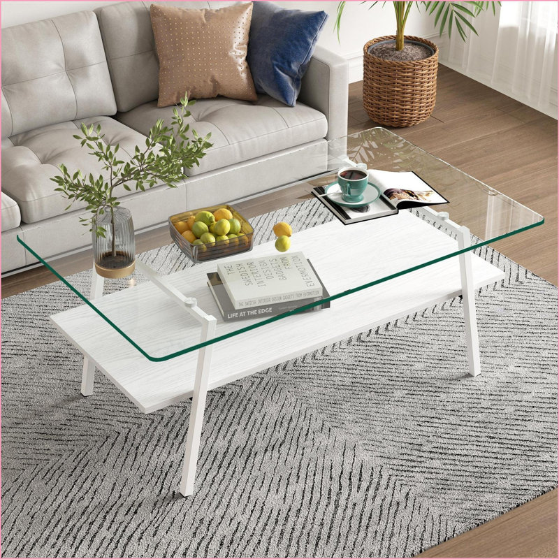 Table basse de salon en verre trempé avec pieds en métal blanc, facile à nettoyer et amp; Capacité de 220 lb, Blanc