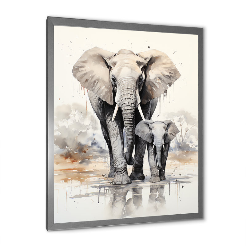 Éléphant élégant avec veau en mouvement sur toile, Cadre simple argenté, H 40 po x l 30 po x P 1,5 po