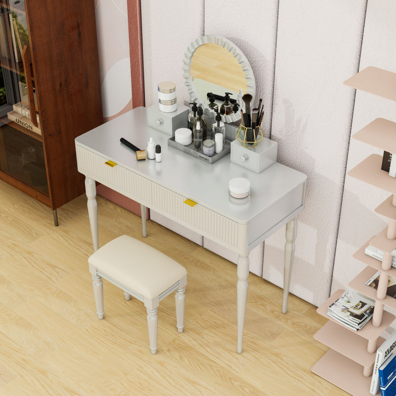 Bureau de coiffeuse avec tabouret rembourré, miroir et tiroirs de rangement, Argent argent