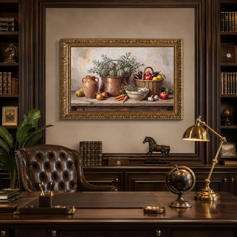 Nature morte des légumes et des fruits dans un pot en cuivre, tableau sur toile, H 20 po x l 30 po