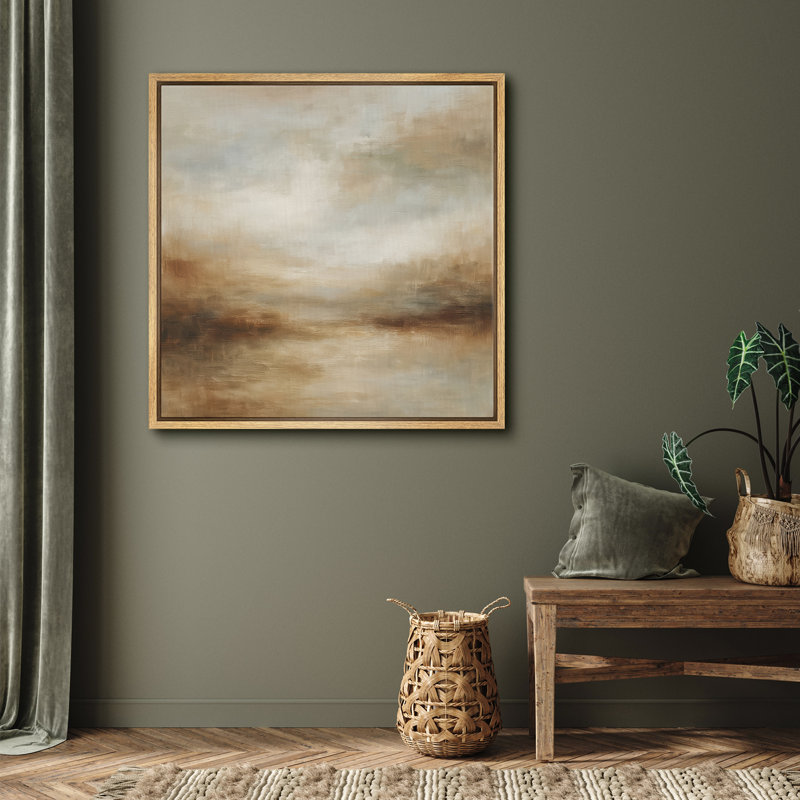 «Soft Neutral Horizon Abstract» dans des tons chauds de beige et de taupe - impression sur toile encadrée, Cadre naturel
