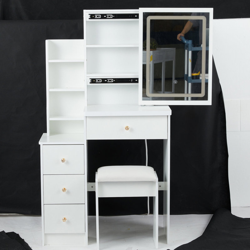 29.2" Small Size Left Bedside Cabinet Vanity Table + Cushioned Stool, Large Sliding, Touch Control, Tri-color Switching, Brightness Adjust LED Mirror, High Capacity Storage, Suitable for Small Space